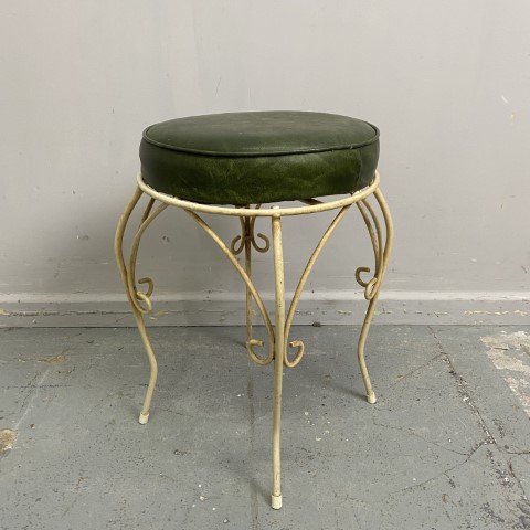 Vintage Green Vinyl & White Metal Base Stool