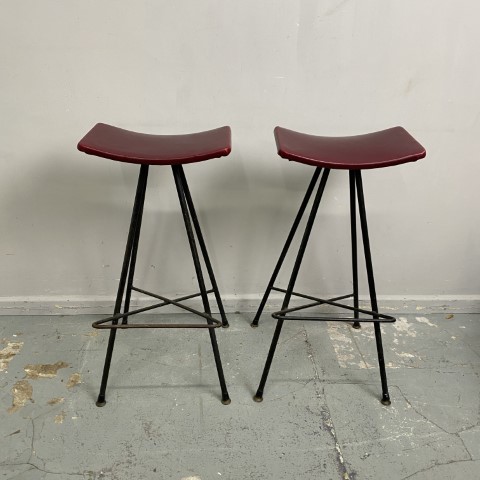 Pair of Mid-Century Bar Stools - burgundy vinyl seat and rustic metal base