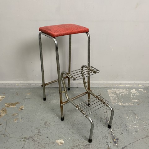 RetroChrome Kitchen Step Stool with red seat