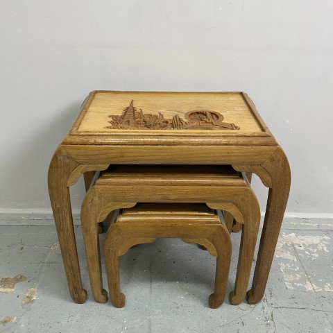 Vintage Chinoiserie Timber Carved Nest of 3 Tables