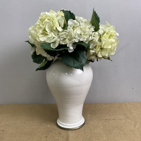 White Ceramic Vase with Faux Hydrangeas