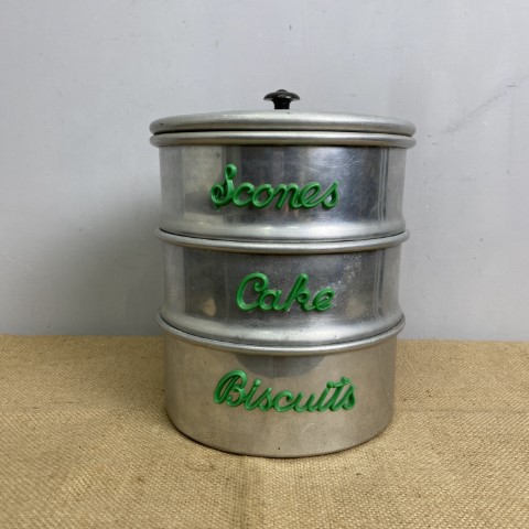 Set of 3 Stacking Vintage Aluminium Kitchen Cannisters - Scones, Cakes, Biscuits