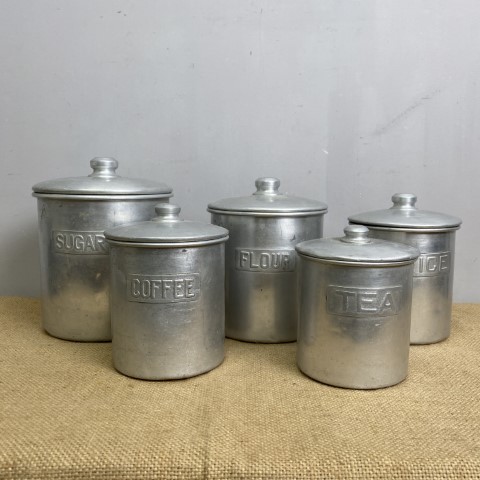 Set of 5 Vintage Aluminium Kitchen Cannisters