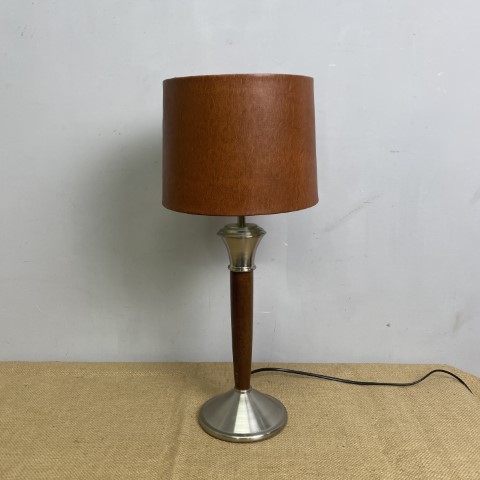 Mid Century Chrome & Timber Lamp with Faux Leather Shade