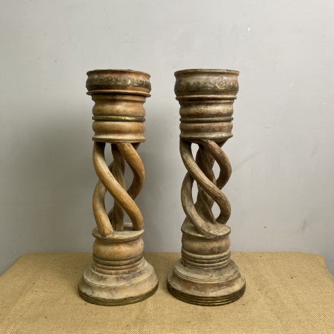 Pair of Vintage Timber Twisted Candle Holders with Brass Details