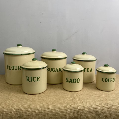 Set Of 6 Vintage Enamel Kitchen Cannisters