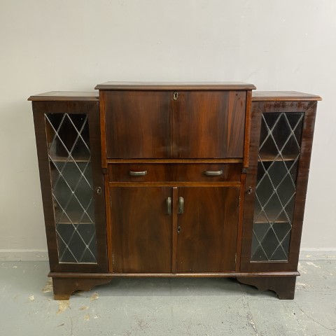 Art Deco Vintage Display Cabinet Writing Bureau with Leadlight