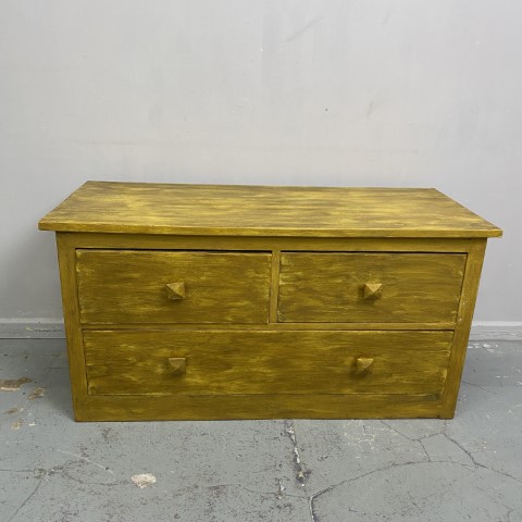 Rustic Yellow Wash Painted Low Chest of Drawers