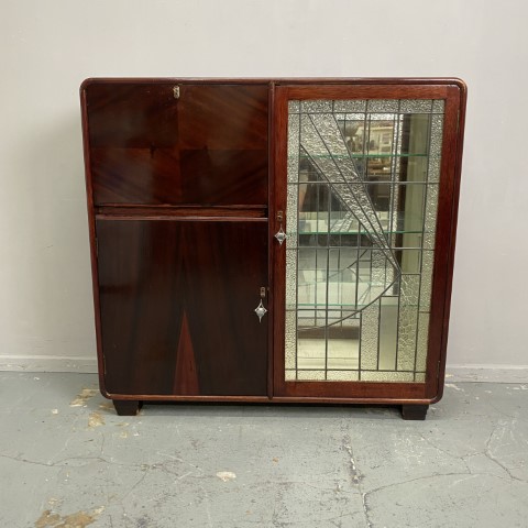 Art Deco Leadlight Display Cabinet with Drop-Down Desk