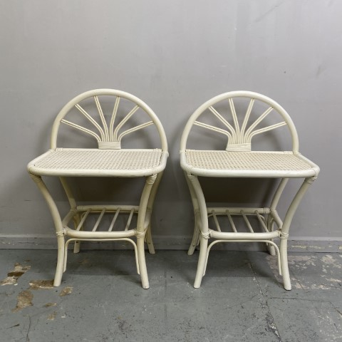 Pair of White Vintage Fan Back Cane Side Tables