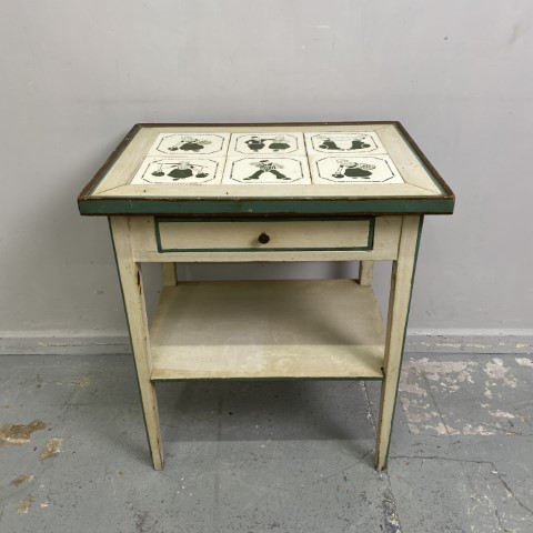 Antique Danish Hand-Painted Tile Top Side Table with Drawer