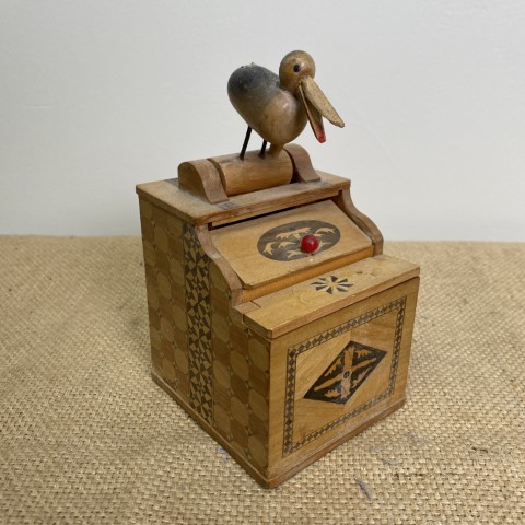 Vintage Wooden Inlay Cigarette Dispenser Box with bird