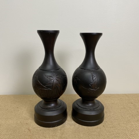 Pair Of Timber Turned & Carved Candle Holders
