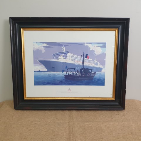 Vintage Decorative Print of the Queen Mary II in Black Frame