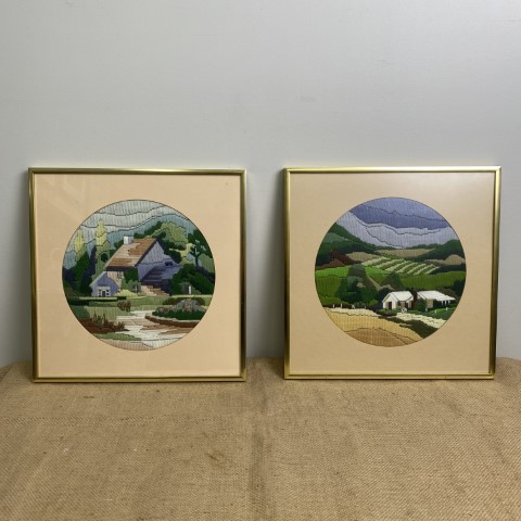 Set of 2 Framed Rural Scene Tapestries