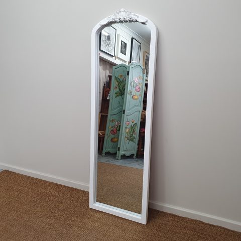 White French Provincial Full Length Mirror with decorative moulding at top