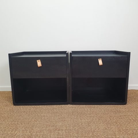 Pair of Black Modern Single Drawer Bedsides with leather pull handles