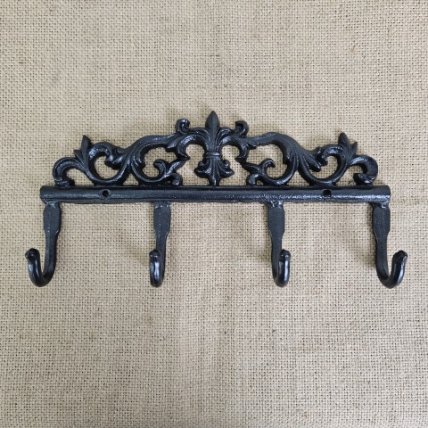 Set of 4 Cast Iron Hooks with Fleur de Lis Scroll Design