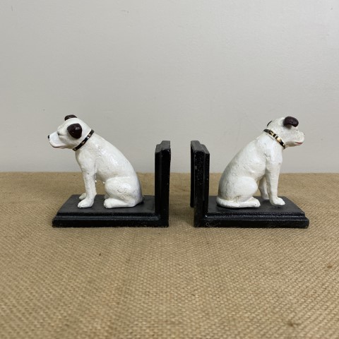 Cast Iron HMV Nipper Dog Bookends on Black Base