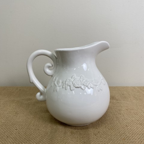 White Ceramic Jug with Flower Motif