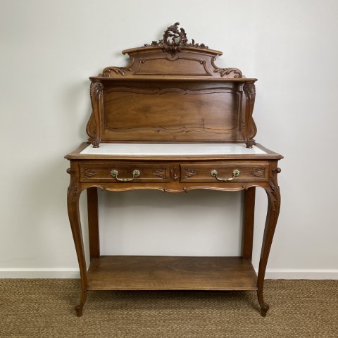 Vintage Walnut Elevated Buffet With Marble Top In The Louis XV Style - $990