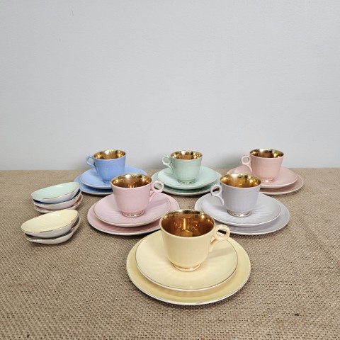 Set of 6 Mid-Century Figgjo Flint Pastel Trios with Matching Serving Dishes