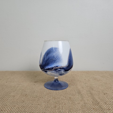 Vintage Blue & White Handpainted Glass Brandy Balloon (Signed by Artist)