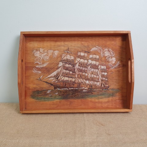 Vintage Timber Tray with Etched Sailing Boat