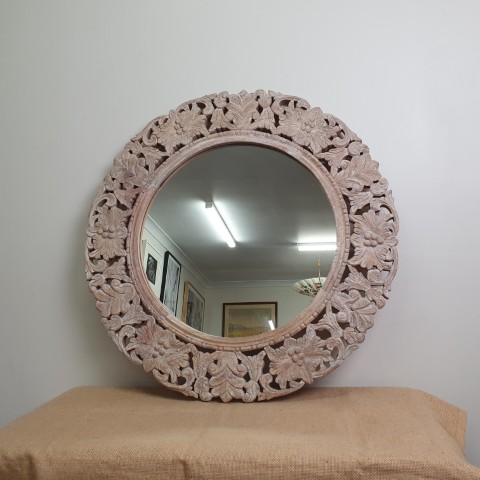 Large 89cm Whitewashed Round Carved Mirror