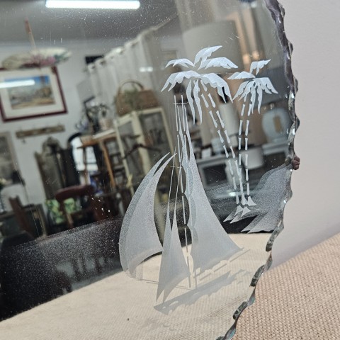 Vintage Art Deco Mirror with Boat & Palm Motif