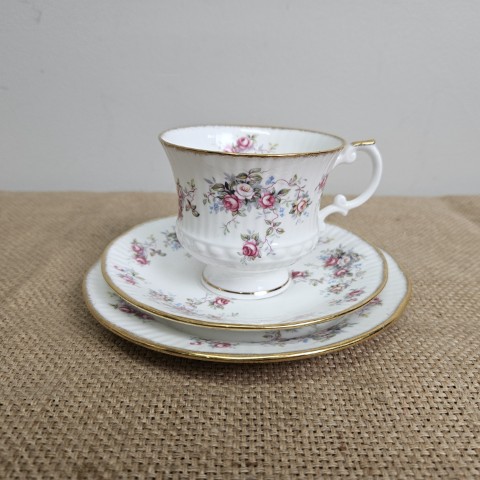 Vintage Floral Ceramic Teacup Trio - Teacup, Saucer, & Cake Plate