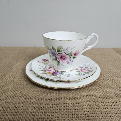 Vintage Floral Ceramic Teacup Trio - Teacup, Saucer, & Cake Plate