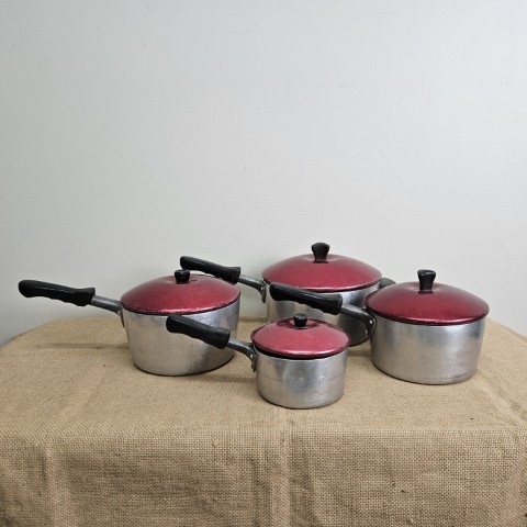 Set of 4 Anodised Red Lidded Saucepans