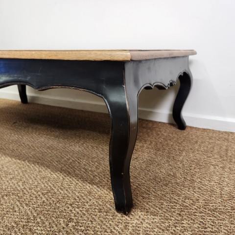French Provincial Natural Top Oak Coffee Table with Black Base
