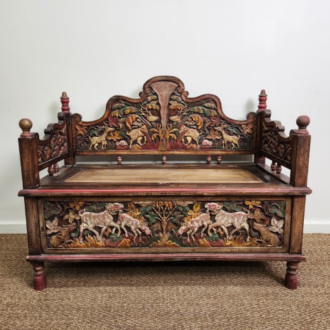 Vintage Carved Teak Storage Bench Seat