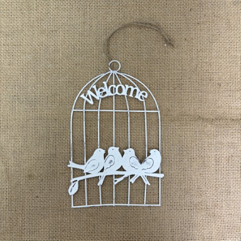 White Metal 'Welcome' Bird Cage Decor