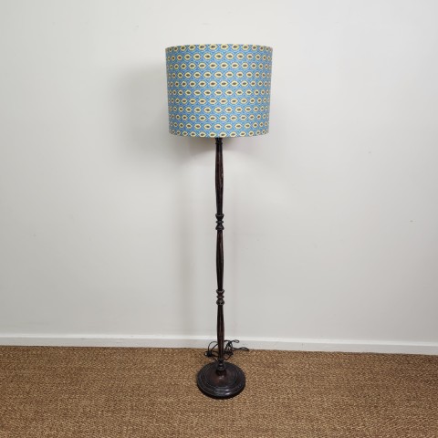 Metal Standard Floor Lamp with Blue & Yellow Patterned Drum Shade