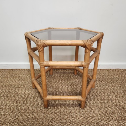 Vintage Cane Side Table with Glass Top