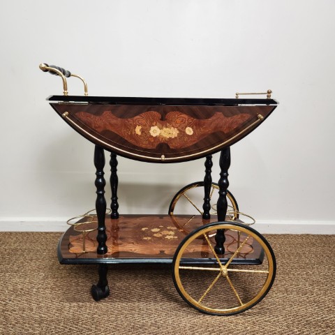 Vintage Italian Marquetry Bar Cart with Brass Hardware
