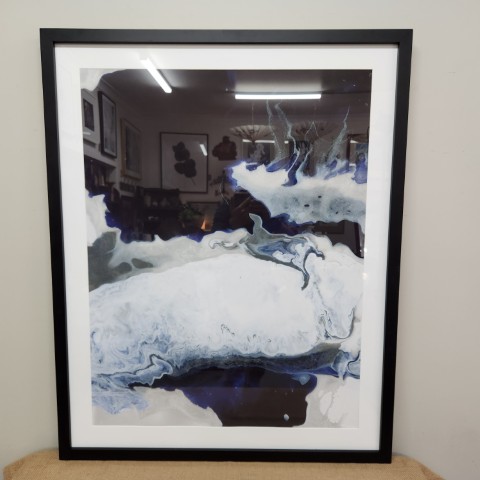 Dramatic Abstract Print in Blue, White & Black in Black Frame