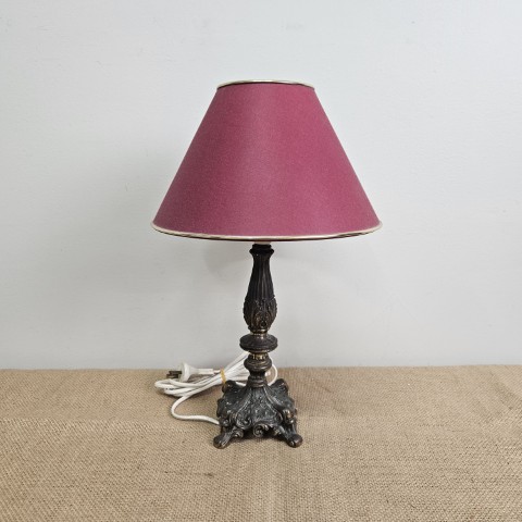 Small Vintage Brass Lamp with Burgundy Shade
